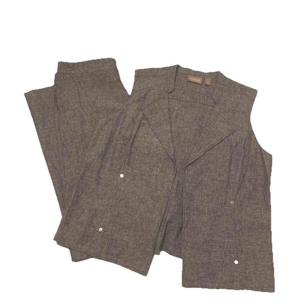 Chico’s Matching Vest And Pants Set Linen Blend Blue - Size 1 Medium